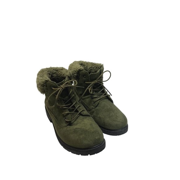 Womens Modern Rebel Olive Faux Suede Ankle Boots With Faux Fur Lining &‎ Lace-Up - Picture 1 of 14